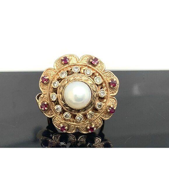 Pearl Ruby Diamond Women's Cocktail Ring 14k Yellow Gold Vintage Estate Size 5.5 - Picture 1 of 14